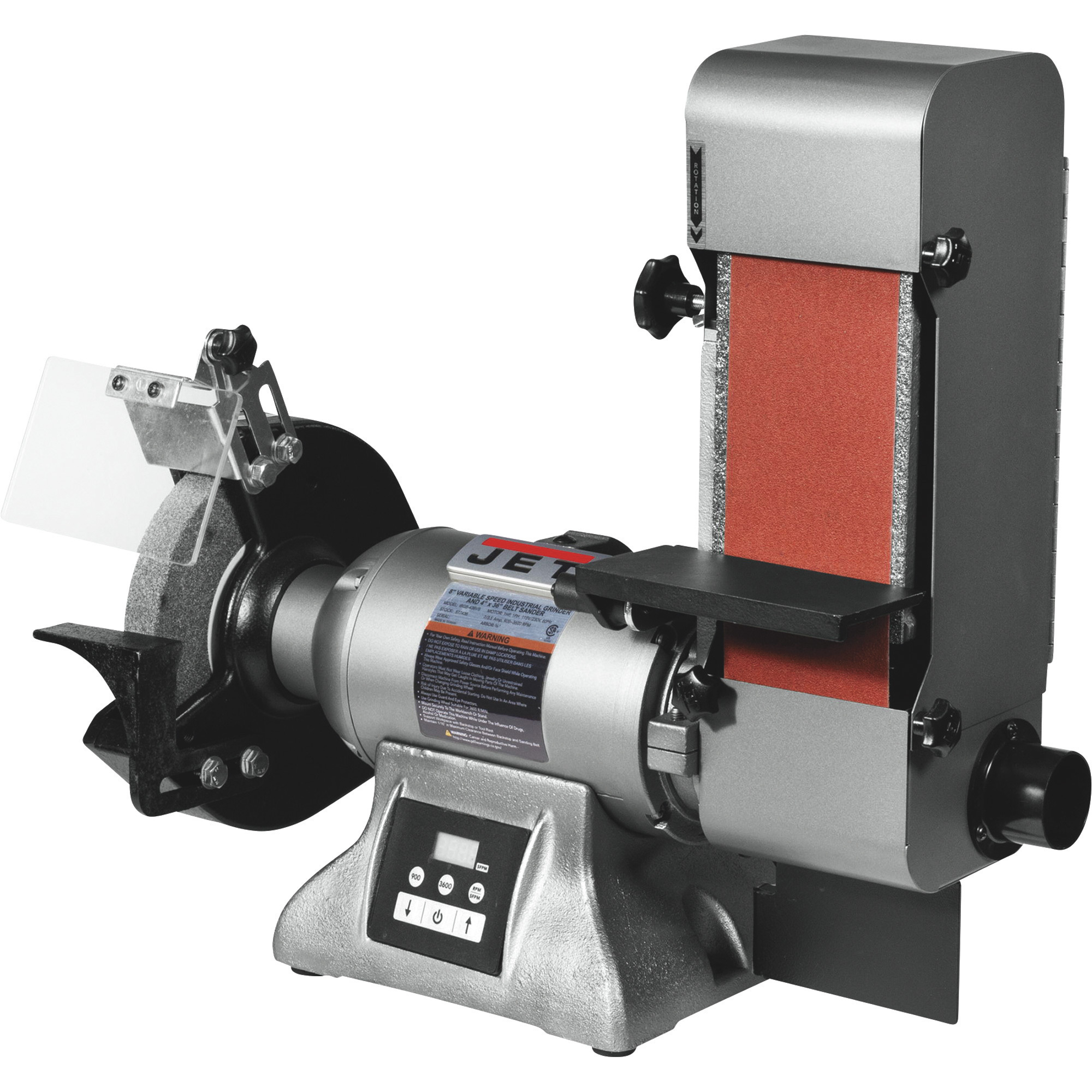 JET Variable-Speed Industrial Grinder and Belt Sander, 8in. Grinding Wheel, 4in. x 36in. Belt, 1 HP, Model# IBGB-436VS